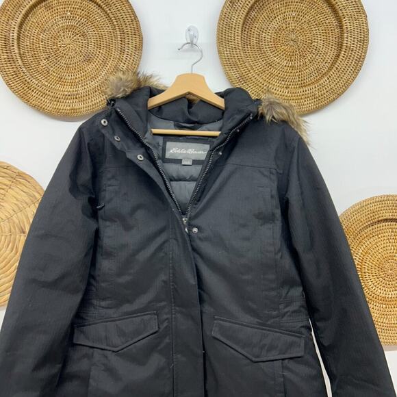 Eddie Bauer Black Down Faux Fur Hood Winter Coat Large - Picture 3 of 6